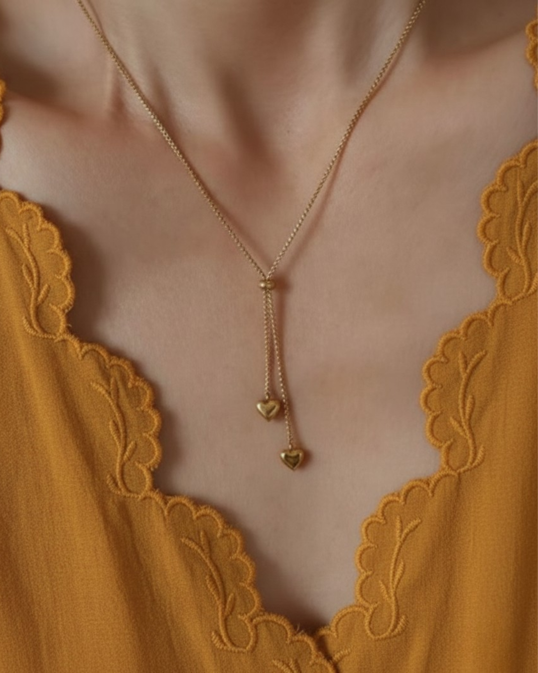 Double Heart Lariat Necklace